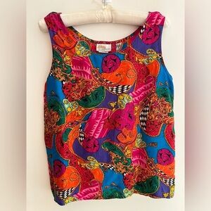 ELITE INTERNATIONAL100% Silk Colourful Tank Top Harlequin Paisley Tassel Artsy